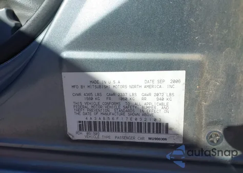 2007 Mitsubishi Galant Es from USA, damaged, VIN 4A3AB56F17E032103